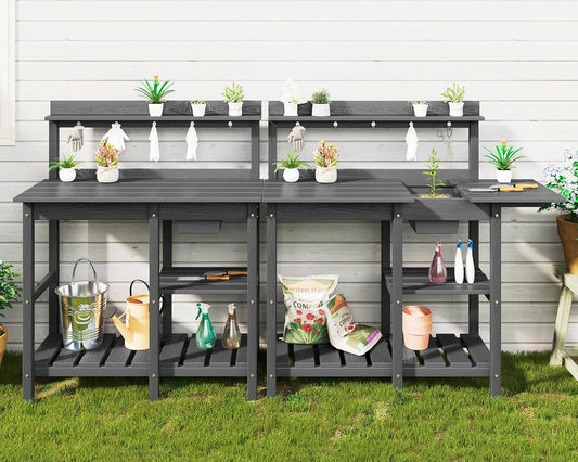 SERWALL Potting Bench Set of 2 Outdoor Potting Table with Sink, HDPE Potting Benches for Outside Gardening Table All Weather Use- Gray