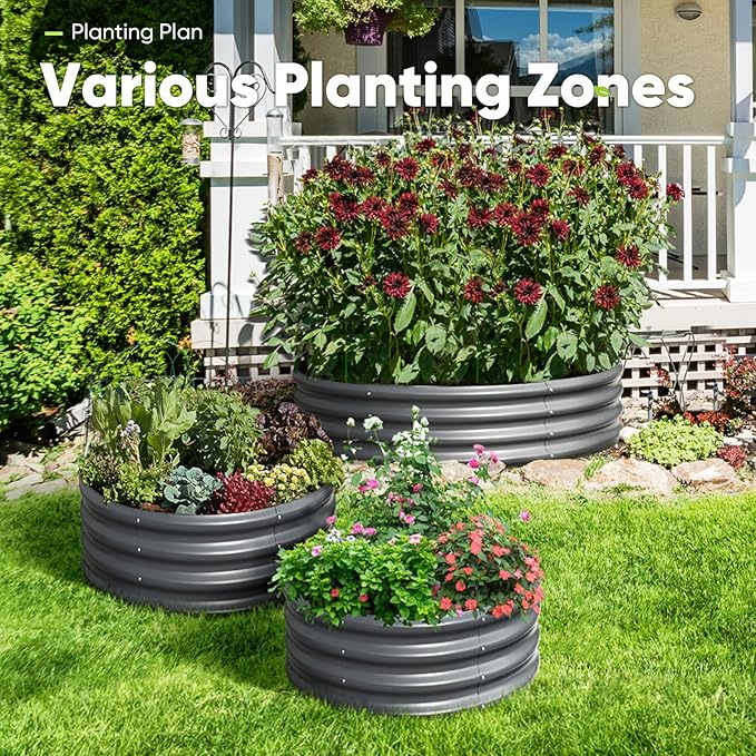 KING BIRD Raised Garden Bed Galvanized Round Planter Box Outdoor for Gardening, Plants, Vegetables, Flowers, Dark Grey, 24x24x12 in 2 Packs