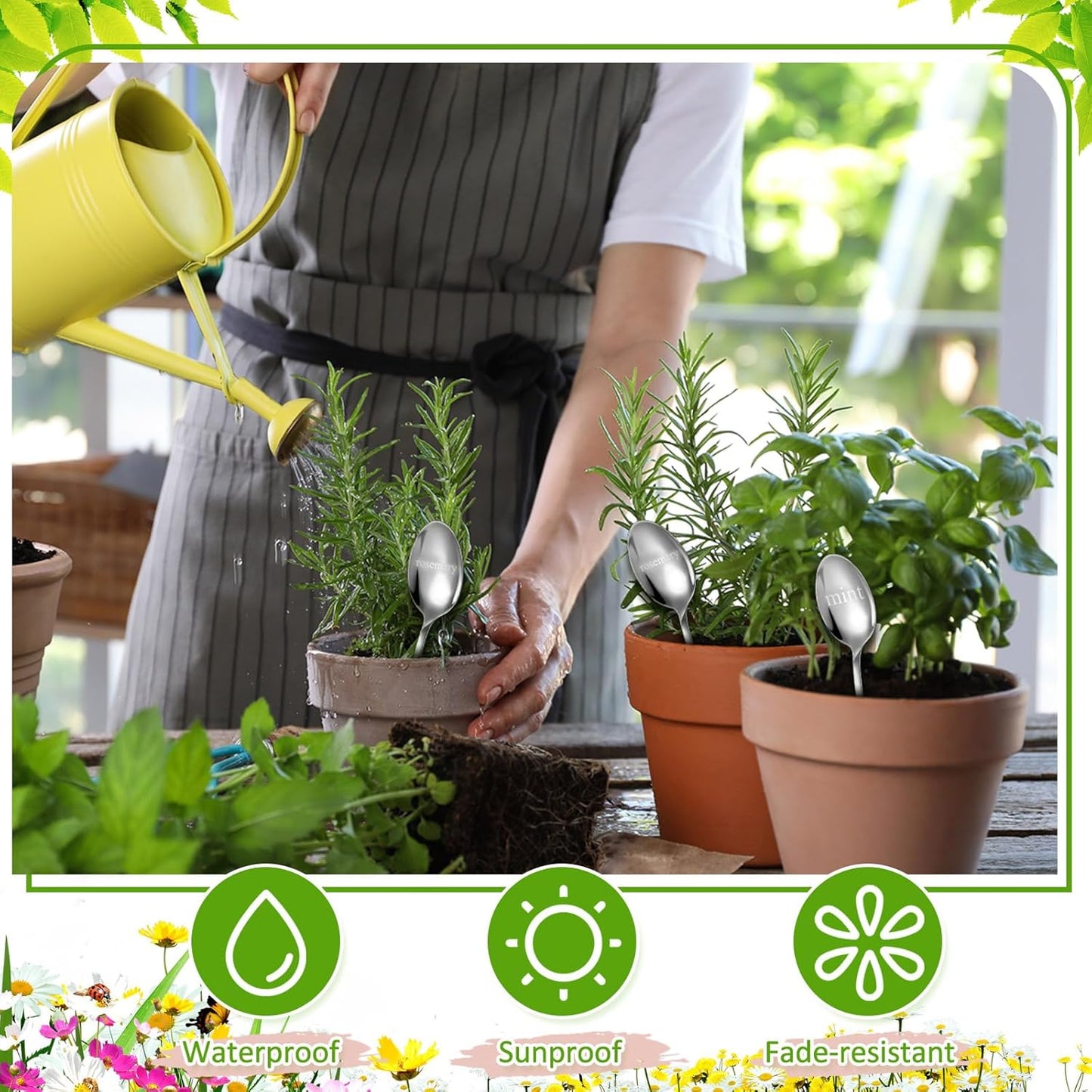 Bucherry 12 Pcs Metal Plant Label Signs, Spoon Shape Planted Herb Markers Garden Labels with Herb Names for Nursery Indoor Outdoor Garden Decoration, Stainless Steel, 12 Styles, 6.8" x 1.4"