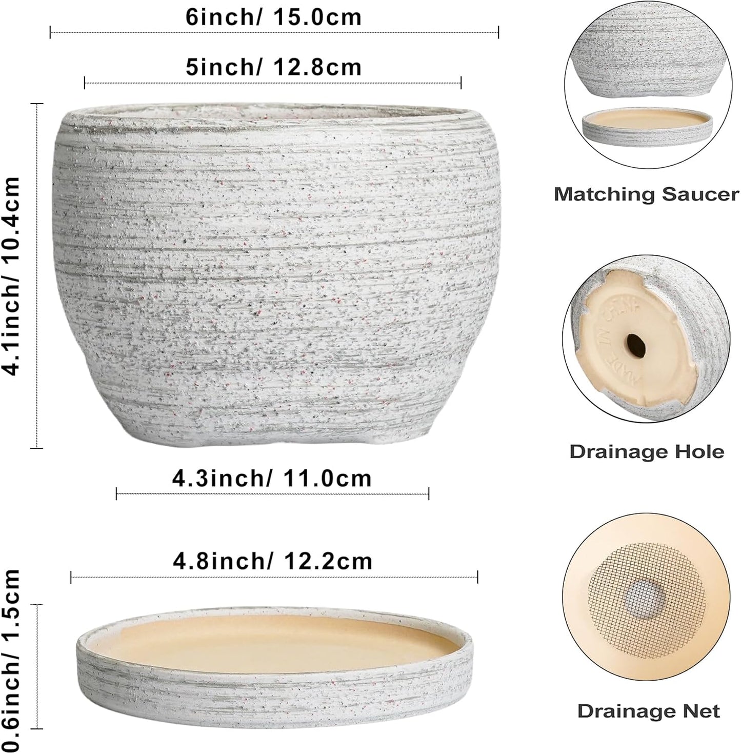 SQOWL Ceramic Planters for Indoor Plants - 6 Inch Plant Pot with Drainage Hole and Saucer, Small Ceramic Flower Pot, Round Decorative Planter Outdoor, Living Room Decor, Garden Gifts for Women, Gray