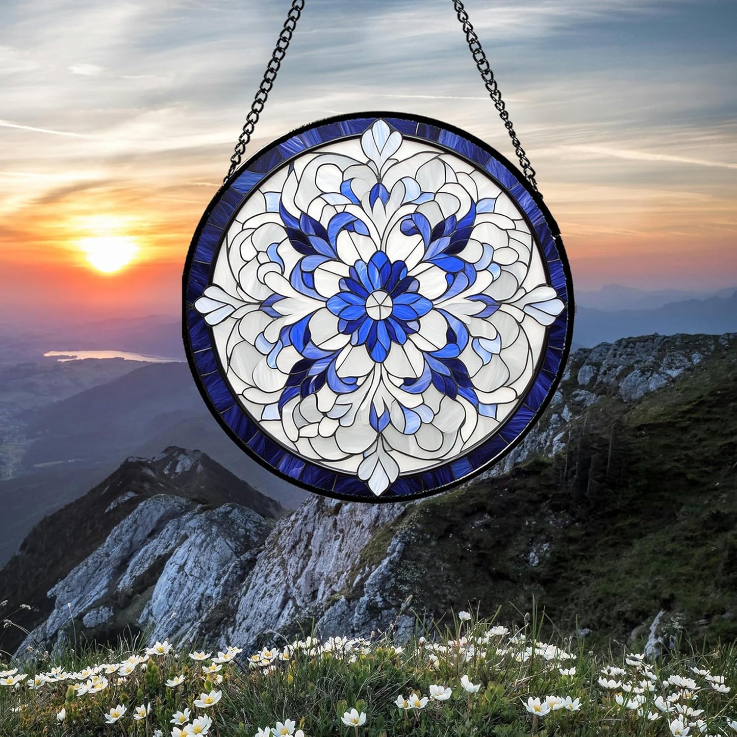 Stained Glass Window Hanging - Blue White Boho Flower Suncatcher for Door Garden Yard Sun Catchers Decor Christmas Mother's Day Birthday Gifts for Women Mom Nana Friend Teacher 6.3 in