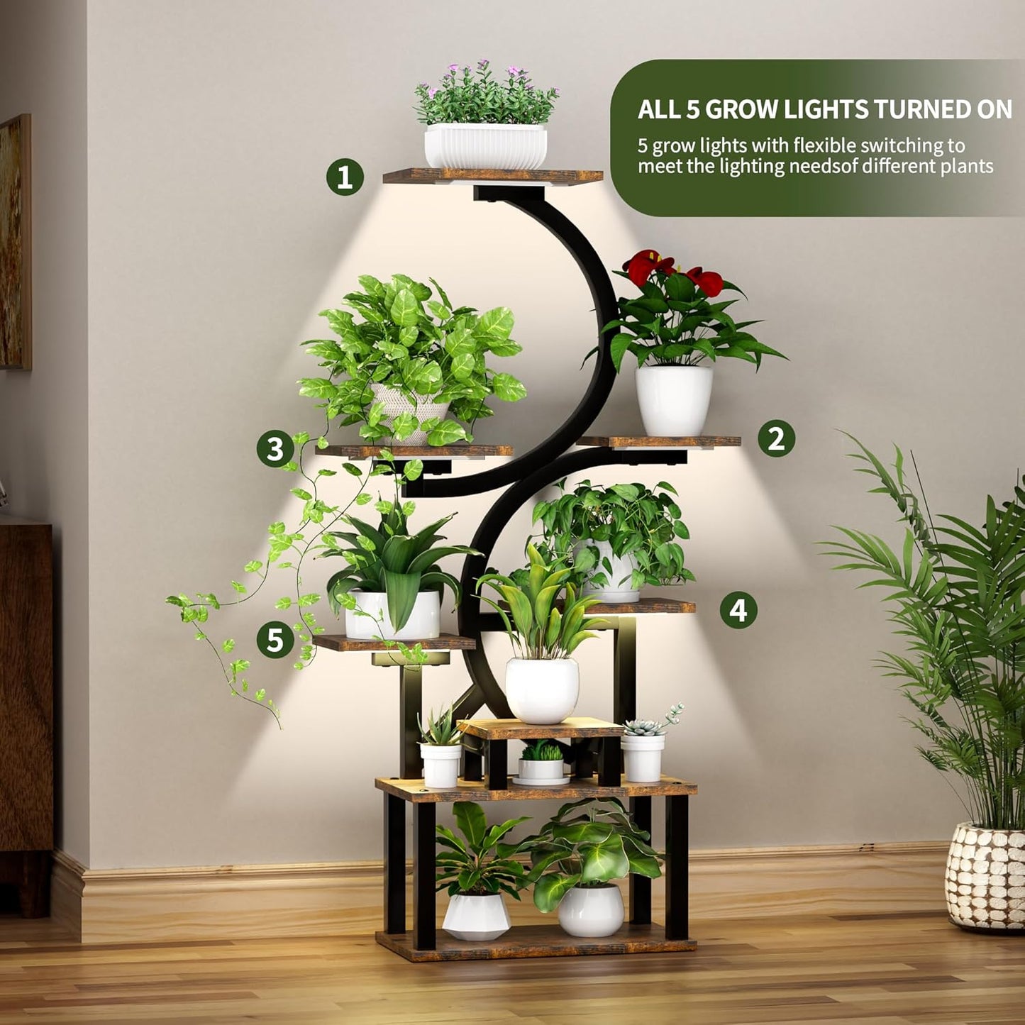 Plant Stand Indoor with Grow Lights, 8 Tiered Indoor Plant Stand, 61" Lighted Corner Plant Stands for Indoor Growing, Large Flower Holder for Living Room, Patio, Balcony Décor