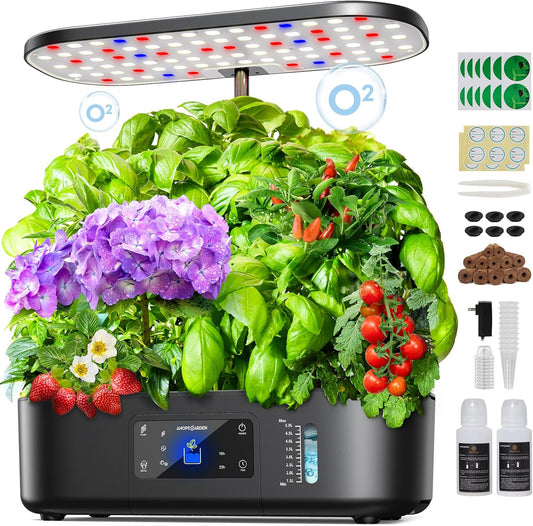 Ahopegarden Hydroponics Growing System Kit Indoor Herb Garden with Grow Light 12 Pods, with LCD Touch Panel Hydroponic Planter, Planting Height Up to 17", Grower Harvest Fresh Veggie Lettuce, Black