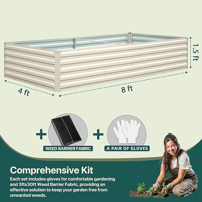 Raised Garden Bed 8×4×1.5FT, Galvanized Raised Garden Beds Outdoor for Vegetables Flowers Herbs, Large Deep Root Planter Box, Tall Raised Garden Bed with 3ftx30ft Weed Barrier Fabric, Beige
