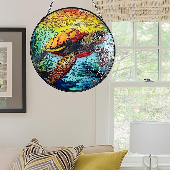 RIVEENY Sea Turtle Glass Window Hanging,8" Sea Turtle Decor Sun Catchers,Stained Glass Sun Catcher Hanging Decoration with Metal Chain,Sun Catchers for Window Decor Outdoor Garden Decor