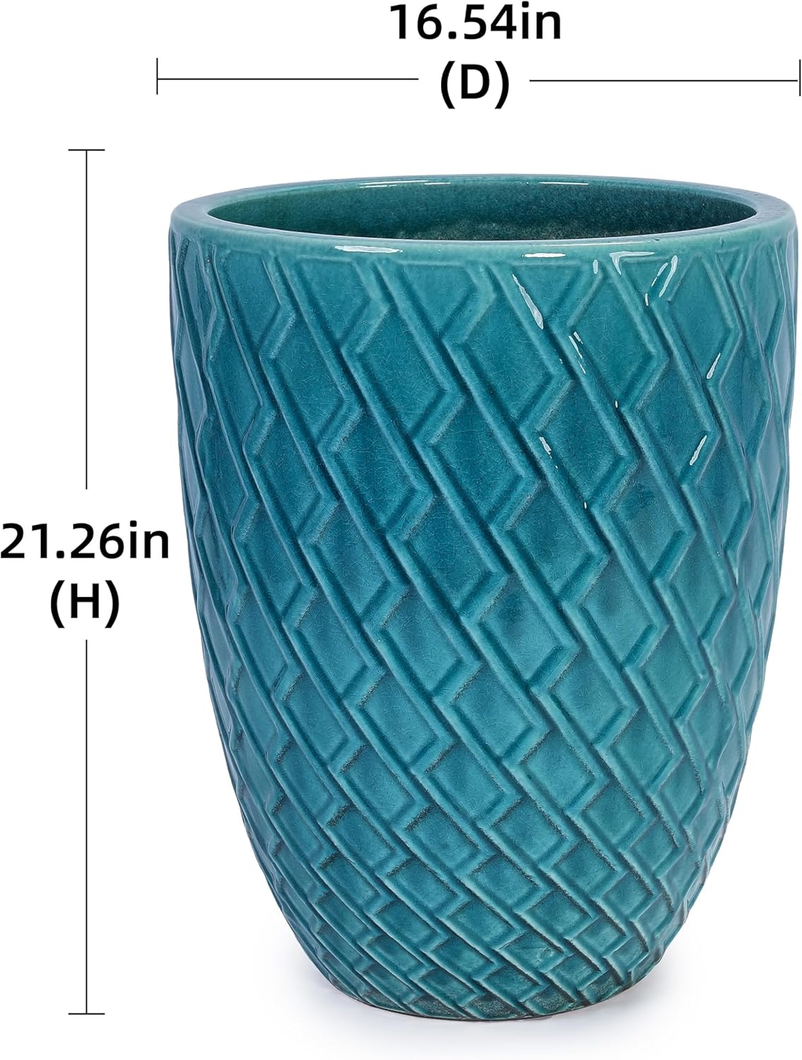 Large Ceramic Planter Pot 21 Inch, Tall Plante Pots Decorative Flower Pot with Diamond Textured Pattern and Drainage for Indoor Outdoor Plants (Teal Blue)
