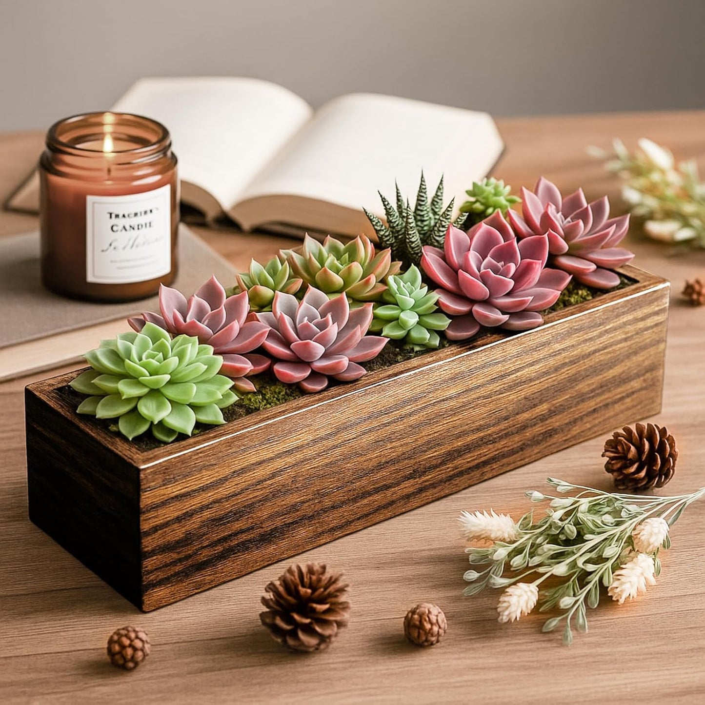 Dandat 1 Set Wood Boxes for Centerpieces 12x4 Inch Rectangle Wooden Planter Box Rustic Wood Planter with Removable Plastic Liner Floral Foam Blocks for Centerpieces Home Wedding Garden Decor