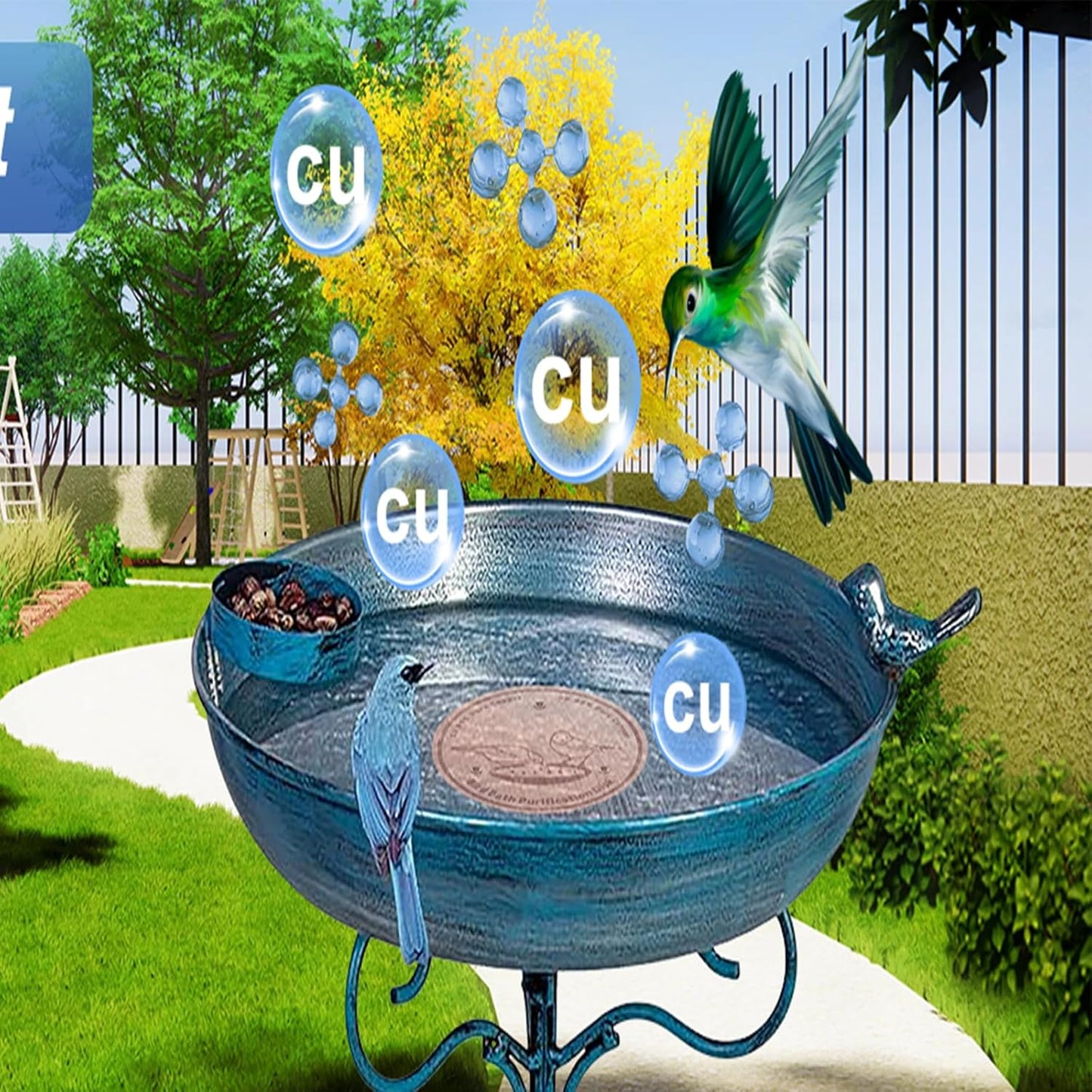 2-Pack 99.99% Pure Copper Bird Bath Purification Disk,Copper Disc with Stable Triple-Point Support,Fits All Outdoor Bird Baths(Heart-Shaped&Round)