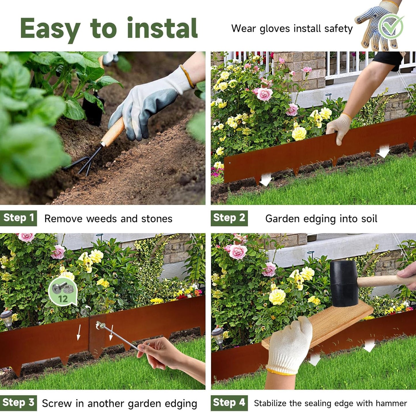 Corten Steel Landscape-40 LX 8" H Metal Garden Edging 20FT Total Rusted Lawn Edging 6 Pcs-No-Dig Hammer Heavy Duty Steel Edging-Bendable Border Strips for Lawn Yard Courtyard Pathway-6 Clips