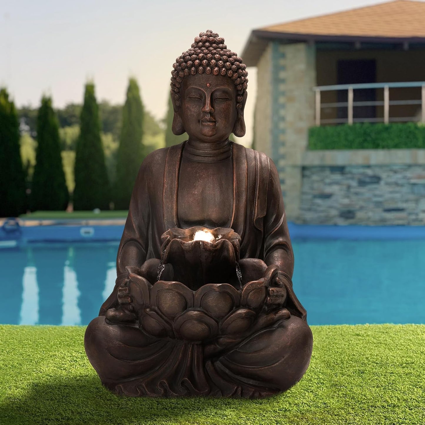Glitzhome Buddha Fountain with Pump & LED Light, 2 Tier Zen Style Meditating Buddha Water Fountain Outdoor Fountains and Waterfalls Floor Fountains Buddhas Statues for Garden Patio Backyard 23" H