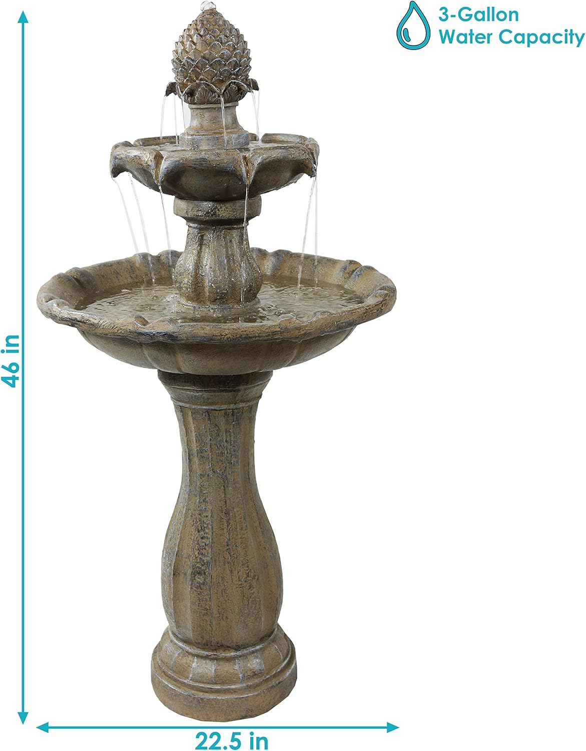 Sunnydaze Pineapple 46-Inch 2-Tier Outdoor Solar Fountain - Decorative Water Fountain with Pump for Garden, Patio, Yard or Balcony - Earth Finish