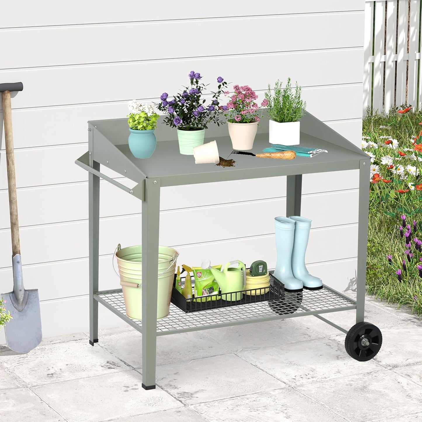 Outdoor Metal Potting Bench with Wheels, Heavy Duty Garden Workbench Table with Storage Shelf (Green, 36"x38.8")