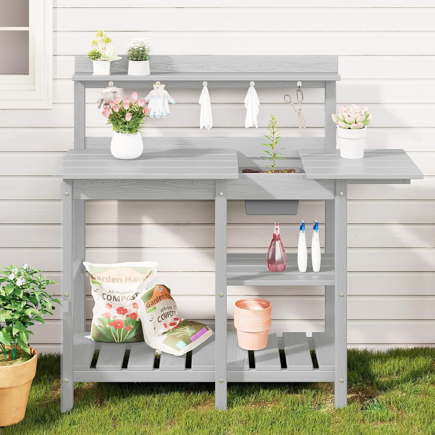 SERWALL Potting Bench Outdoor Potting Table with Sink, HDPE Potting Benches for Outside Gardening Table All Weather Use- Spanish Gray