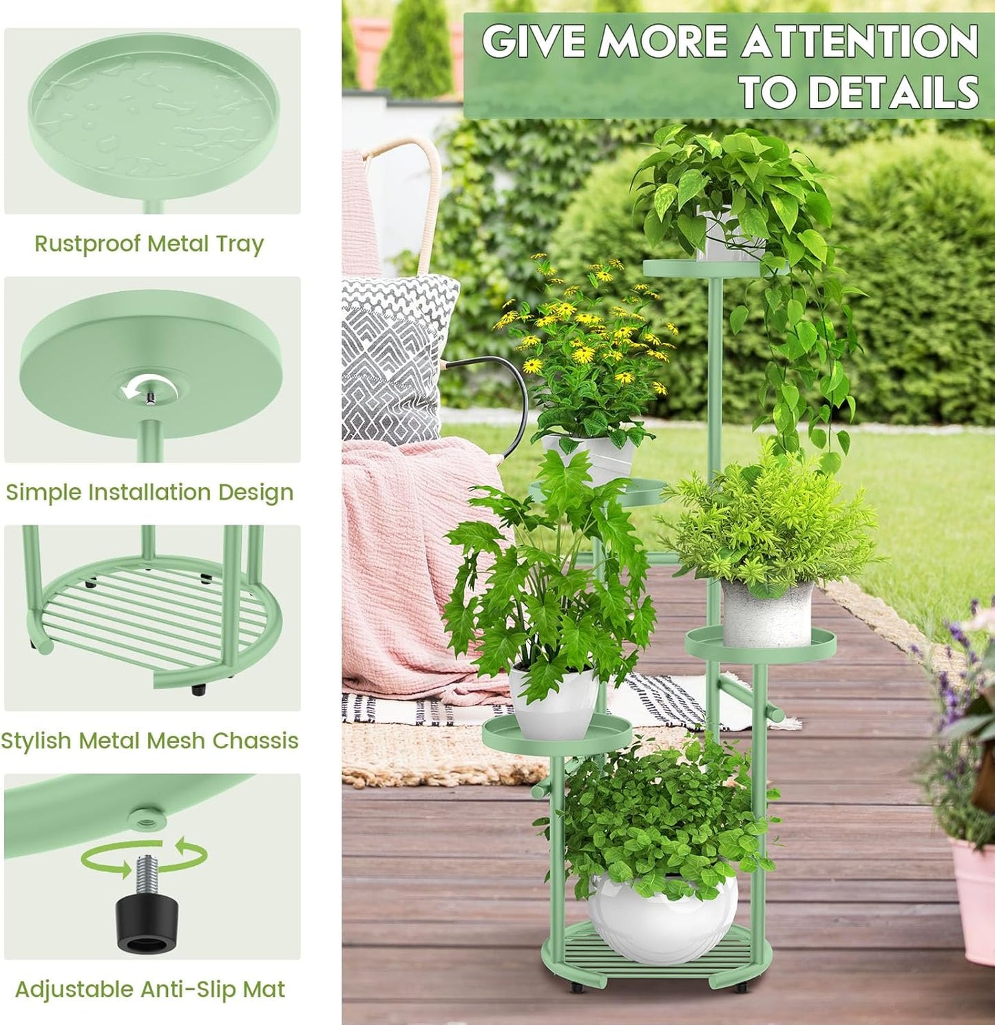 TOSKING 5 Tier Metal Plant Stand Indoor， Plant Shelf, Corner Shelf Flower Pot Stand for Outdoor Plant Stand for Living Room Balcony Garden Patio Bedroom (Green, 42in)