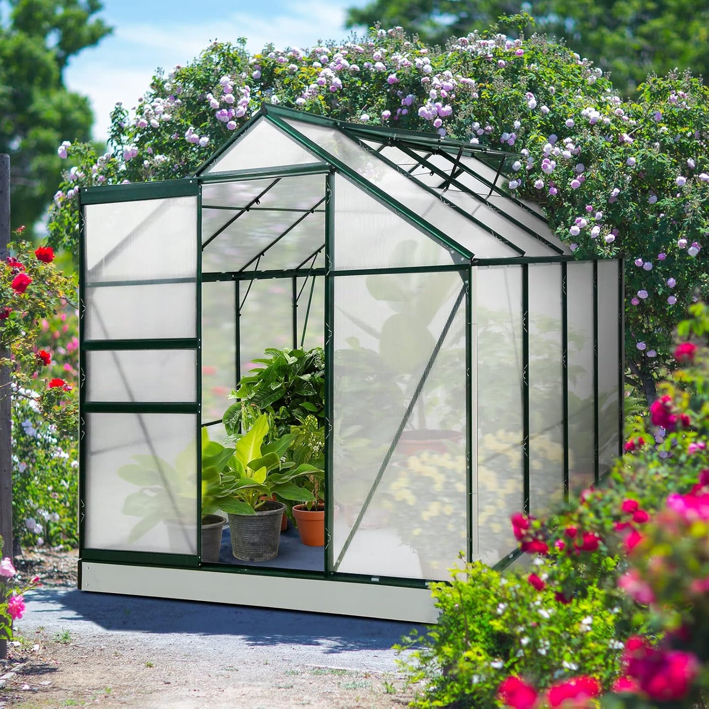 EAGLE PEAK 6x8x7 Outdoor Walk-in Hobby Greenhouse with Adjustable Roof Vent and Rain Gutter, Base and Anchor, Polycarbonate Aluminum Green House for Backyard Garden, Dark Green