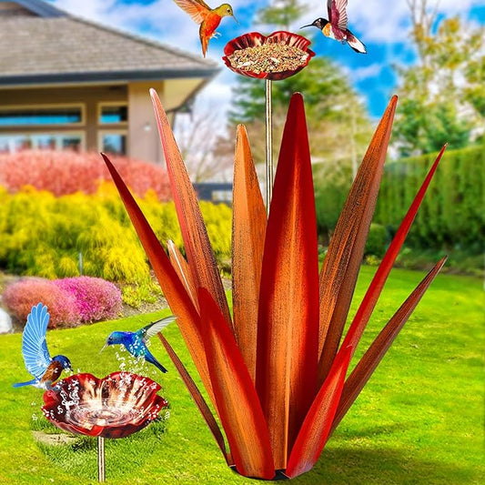 Large Tequila Rustic Sculpture, Rustic Metal Agave Plants for Outdoor Patio Yard, Home Decor Hand Painted Metal Agave Garden Yard Statue, Outdoor Lawn Ornaments (Red - L (W/Bird Feeder))