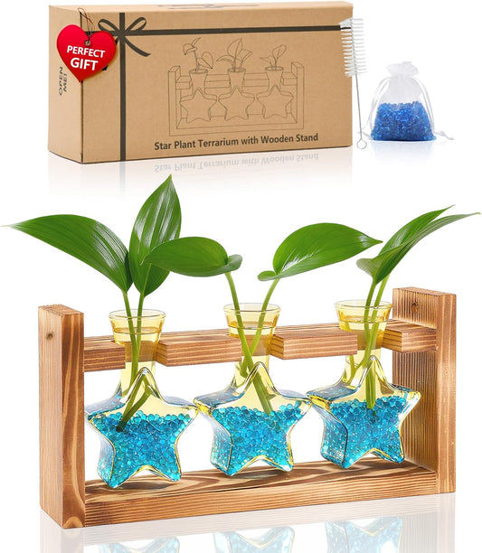 Nacome Plant Terrarium with Wooden Stand,Star-Shaped Planter Propagation Station Glass Vase for Home Office Decor- Unique Gifts for Plant Lovers Women Mom(Yellow)