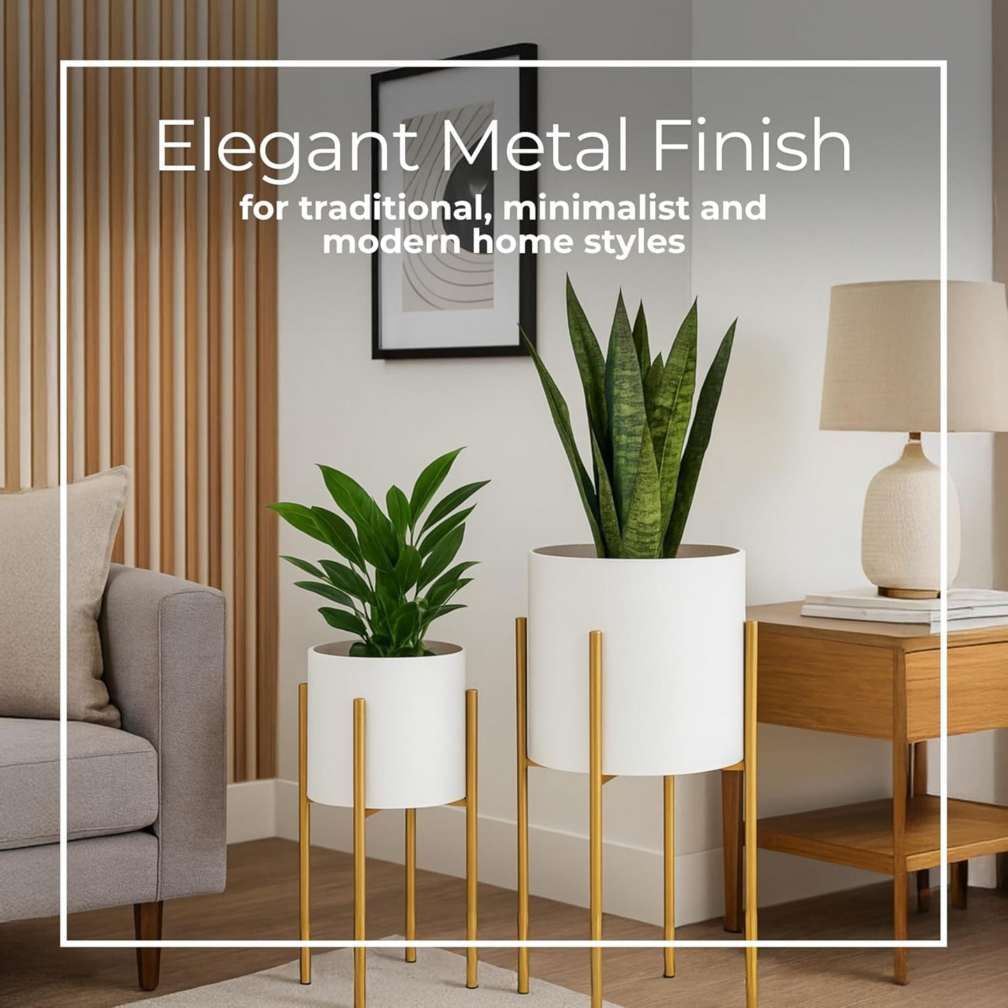 Set of 2 Metal Decorative Planter Pot with Gold Stand – Outdoor & Indoor Plant Pot with Embossed Textured Finish – Modern Garden & Home Decor Iron Planters – 23" & 19", White