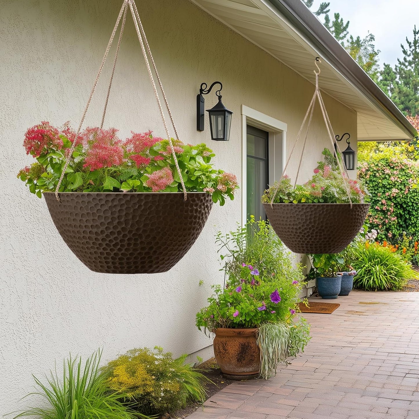LA JOLIE MUSE Hanging Planters for Outdoor Plants, Large Outdoor Hanging Planters with Drain Holes Ash Brown, Honeycomb (13.2 Inch, Set of 2)