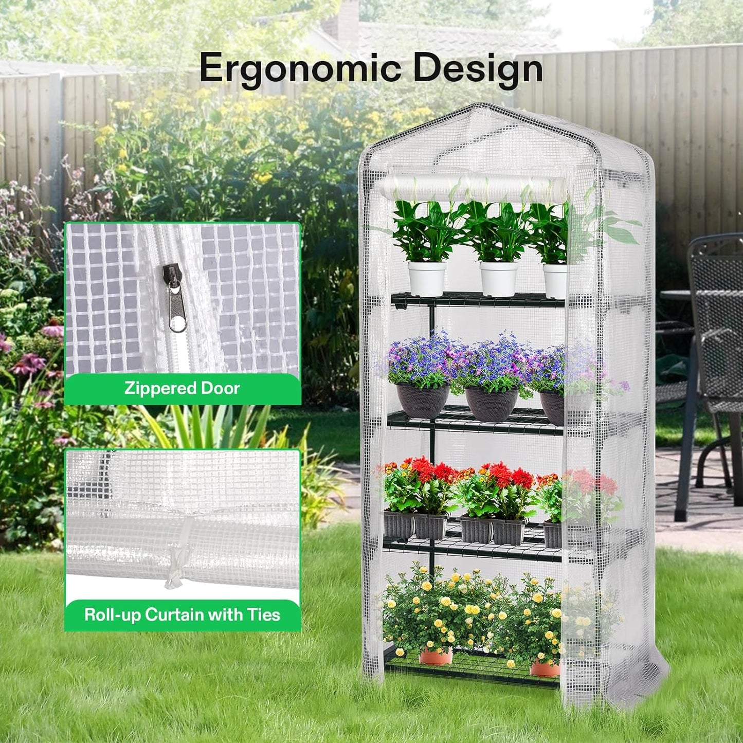 VIVOSUN Mini 4-Tier Greenhouse with Wheels, 27 x 19 x 63-Inch Reusable Portable Warm House with White PE Cover and Shelf for Compact Garden and Small Backyards, with Wheels