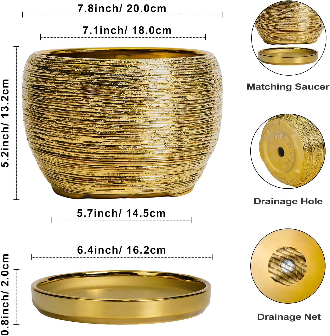 SQOWL Ceramic Flower Pot - 8 Inch Plant Pot Indoor Outdoor, Round Planter with Drainage Hole and Saucer, Decorative Modern Planter, Home Decor, Plant Lovers Gifts, Gold