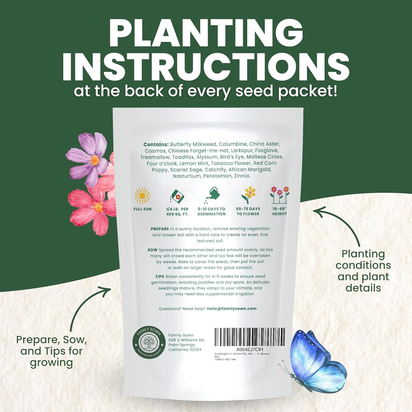 Hummingbird Butterfly Mix - Bulk 1/4 Pound Pouch - 30,000 Flower Seeds for Planting - Wildflower Mix