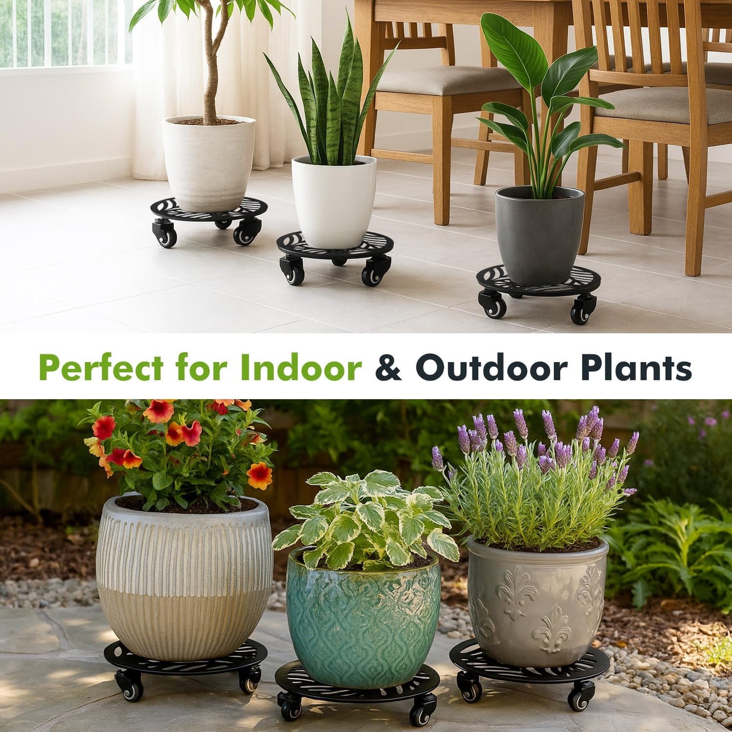 2 Pack 15 inches Extra-Large Metal Plant Caddy with Wheels Heavy-Duty Iron Rolling Plant Stand with Casters Indoor Outdoor Wheeled Plant Roller Base Pot Movers Plant Dolly Coaster Trolley Black