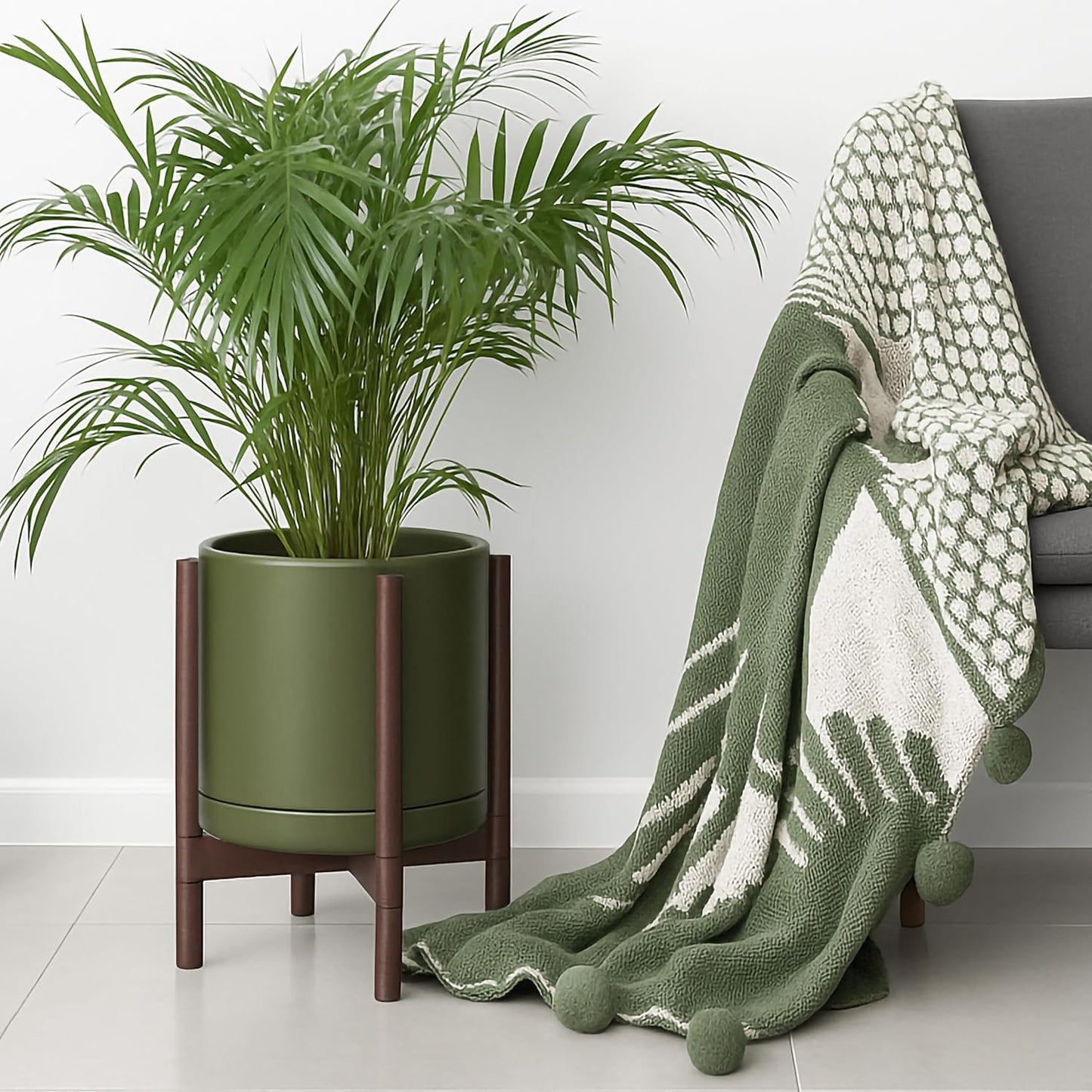 D'vine Dev Ceramic Planter with Walnut Color Stand - 12 Inch Modern Round Flower Pot with Wood Planter Holder, Olive, 55-B-W-J