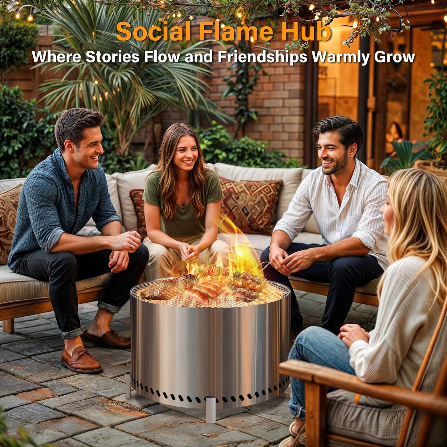 HGD 27.5" Smokeless Firepit with Stand & Grill Rack, Large Stainless Steel Wood Burning Fire Pit for Friends & Family Gatherings, Secondary Combustion Outdoor Patio Stove for Garden BBQ & Bonfire