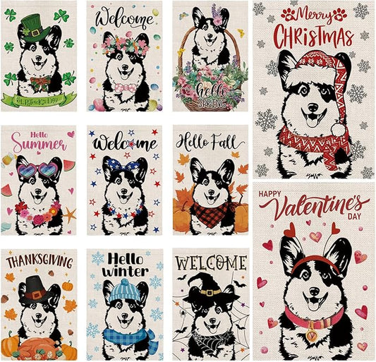 Seasonal Garden Flags Corgi Dog Double Sided Flags Set of 11 Holiday Farmhouse Indoor Outdoor Yard Lawn Christmas Gifts Decorations 12.5x18 Inch