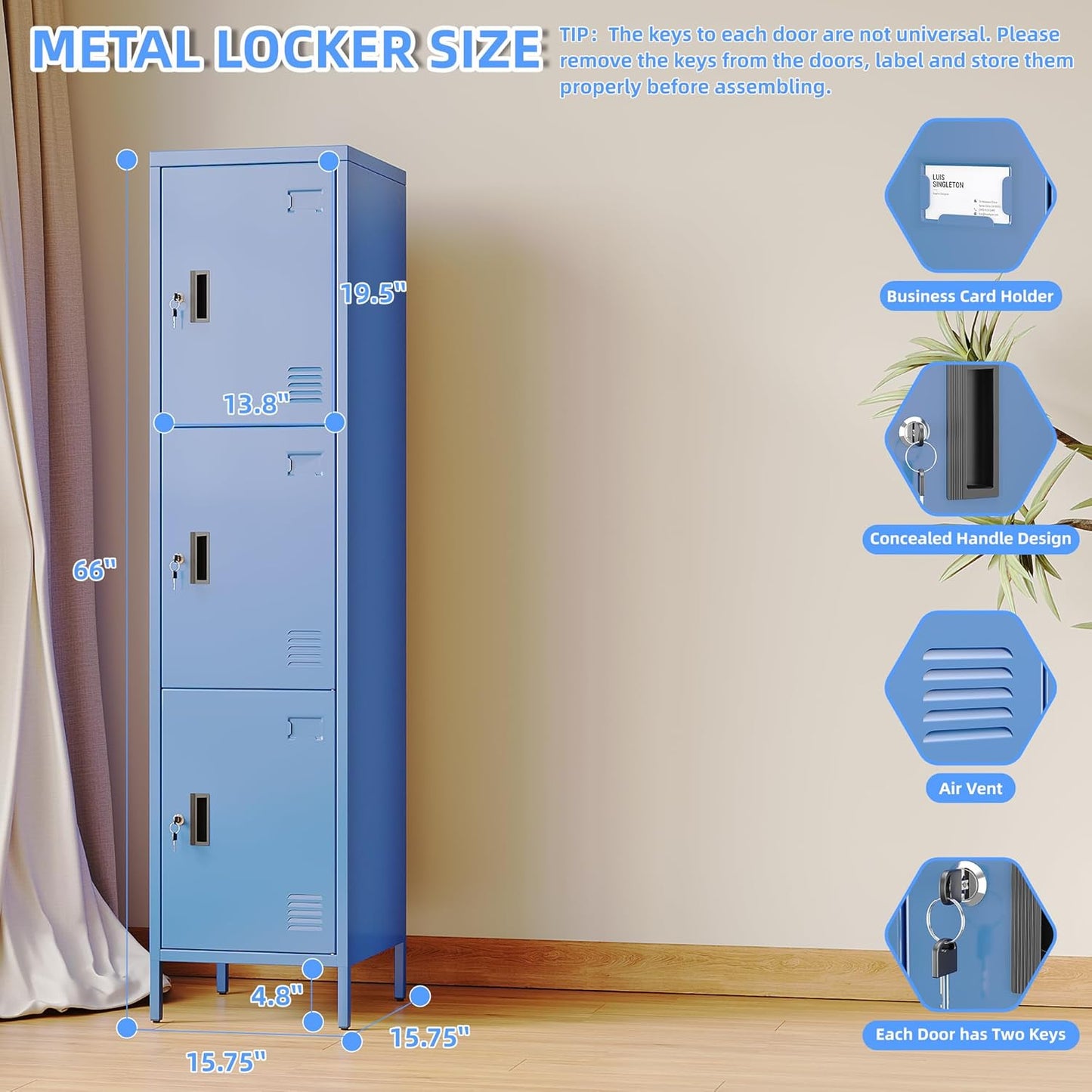 METAN Metal Storage Employees Lockers with 3 Lockable Doors and Hooks,66''H*16''W*16''D Locking Storage Cabinets for Small Spaces,Home,School,Gym,Assembly Required,Blue