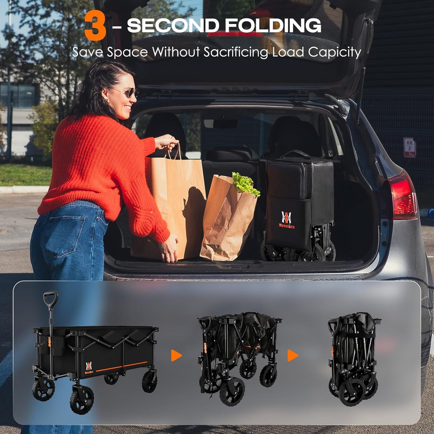 Navatiee 140L Collapsible Folding Wagon, Large Capacity Foldable Wagon with Silent All-Terrain Wheels, Utility Grocery Cart for Camping Shopping Outdoor, Black