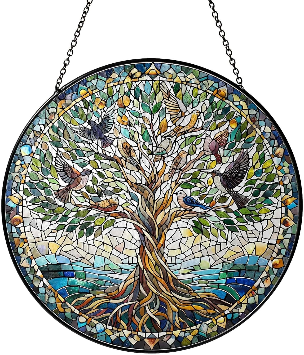 Tree of Life with Birds Sun Catcher RVEAFA Stained Glass Window Hanging Birds Lover Gifts for Women Wall Decor Handmade Sun Catcher Decoration for Garden Home Housewarming Gifts（20 * 20cm