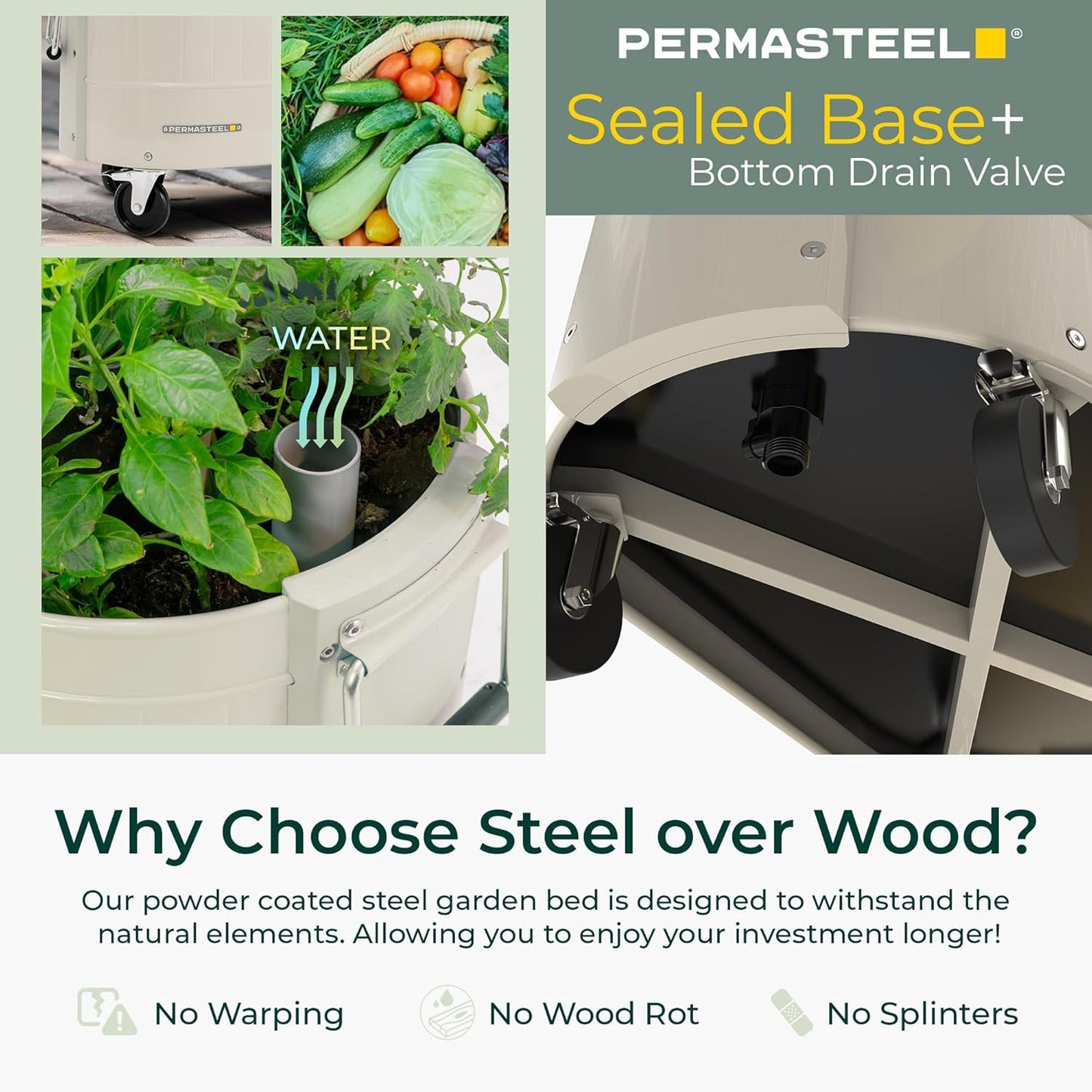 Permasteel Self-Watering Garden Bed, Rolling Planter for Vegetables, Flowers, Herbs, and Fruit, Outdoor Indoor, Caster Wheels, Ivory