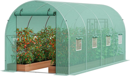 15x7x7 Ft Walk-in Tunnel Greenhouse for Outdoor Gardening - Heavy Duty Galvanized Steel Hoop House with Green PE Cover, Roll-Up Zipper Door & 8 Vent Windows, Plant Protection & Year-Round Growing