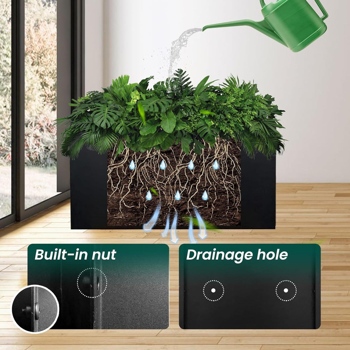 Black Planter Box Galvanized Steel Metal Planter Rectangular Indoor Large Outdoor Planters Steel Metallic Heavy Flower Pot 36In x 12In x 16In Commercial Residential for Patio, Deck, Backyard, Garden