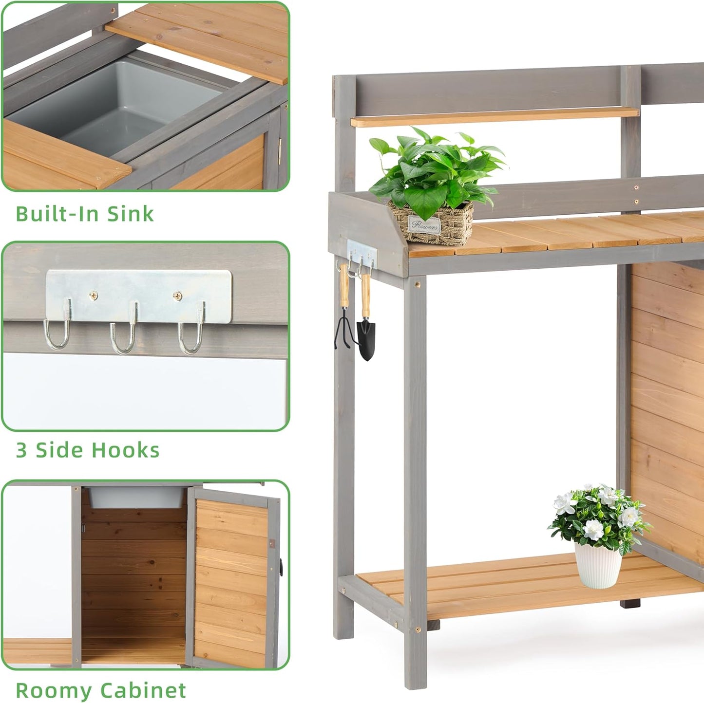 Wooden Potting Bench Table with Sink,Outdoor Garden Table Work Bench with Storage, Workstation for Outside Lawn Patio
