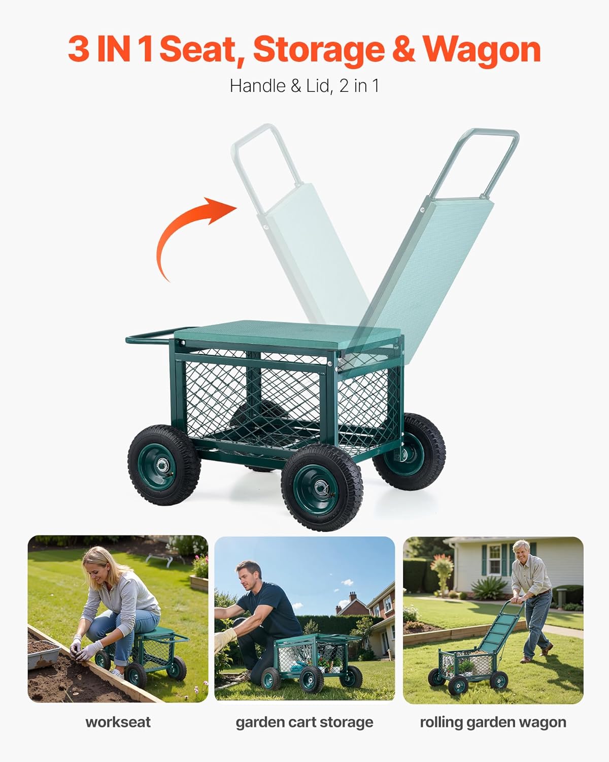 VEVOR Rolling Garden Cart with Seat, Metal Rolling Garden Work Seat with Wheels, Supports up to 400 LBS, Heavy Duty Gardening Cart Scooter, Outdoor Wagon & Stool on Wheels for Lawn, Patio, Backyard