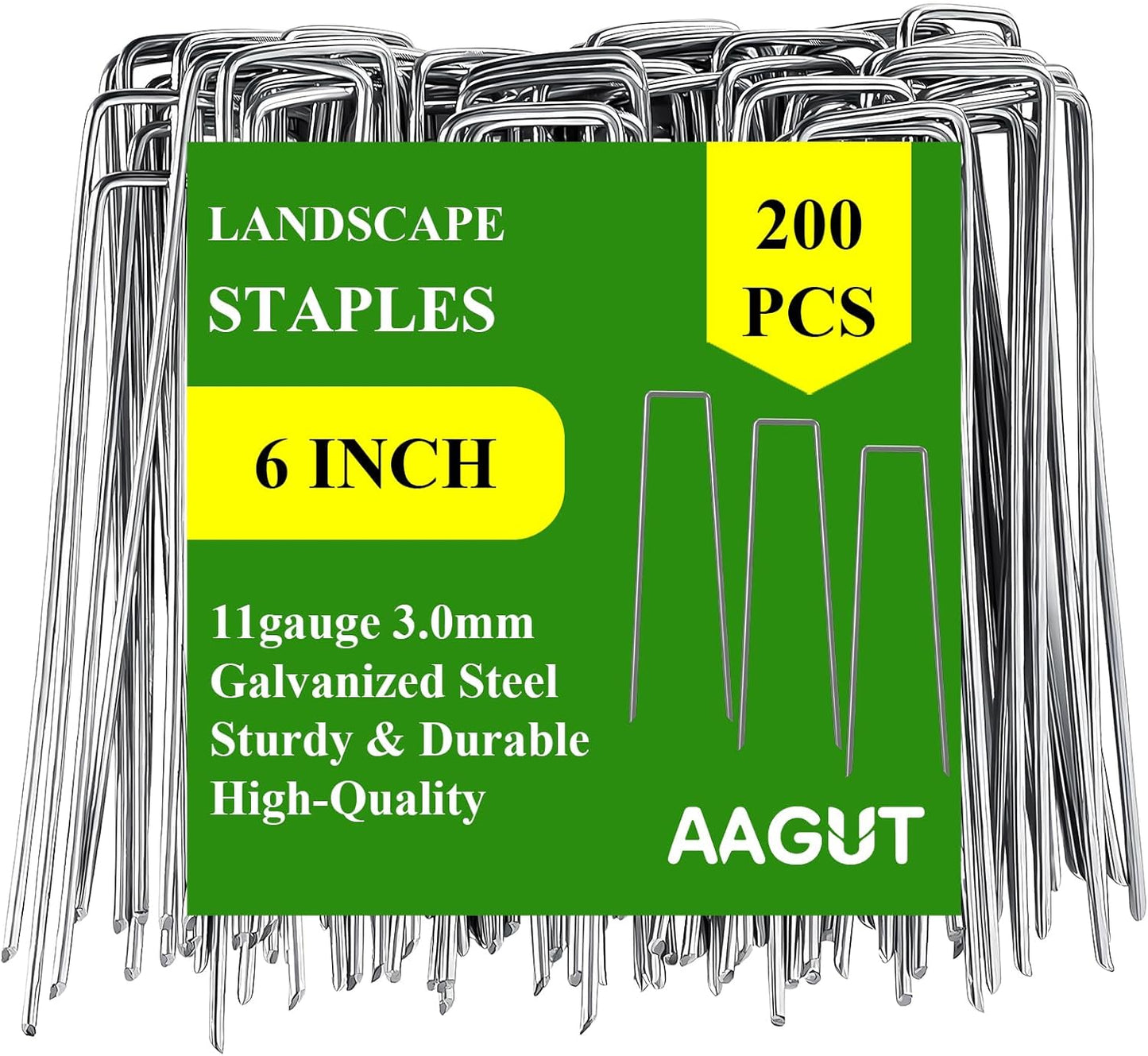 AAGUT Garden Stakes Pins, Landscape Staples 200 Pack 6 Inch 11-Gauge Galvanized Lawn Stake for Dog Fence, Weed Barrier Fabric, Ground Cover, Irrigation Tubing Soaker Hose, Chicken Wire