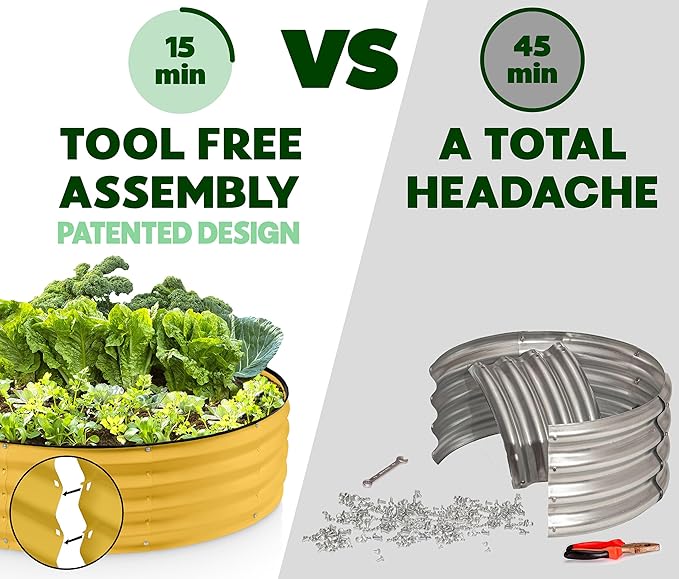 Round Galvanized Raised Garden Bed // 4×4×1 ft (2-Pack) Galvanized Raised Garden Beds Outdoor for Gardening, Vegetables, Flowers // Patented Tool-Free Design Round Planter (Yellow)