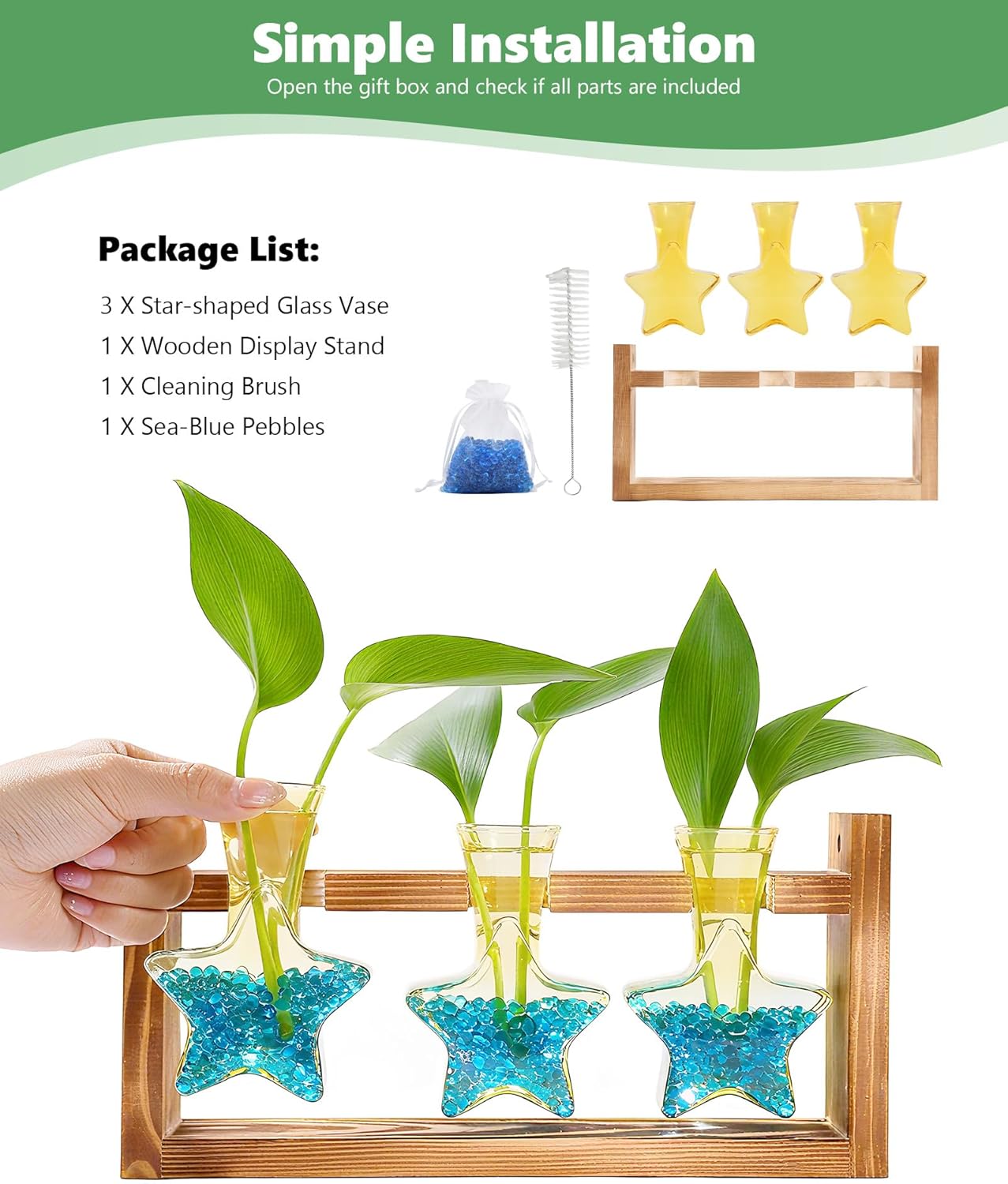 Nacome Plant Terrarium with Wooden Stand,Star-Shaped Planter Propagation Station Glass Vase for Home Office Decor- Unique Gifts for Plant Lovers Women Mom(Yellow)