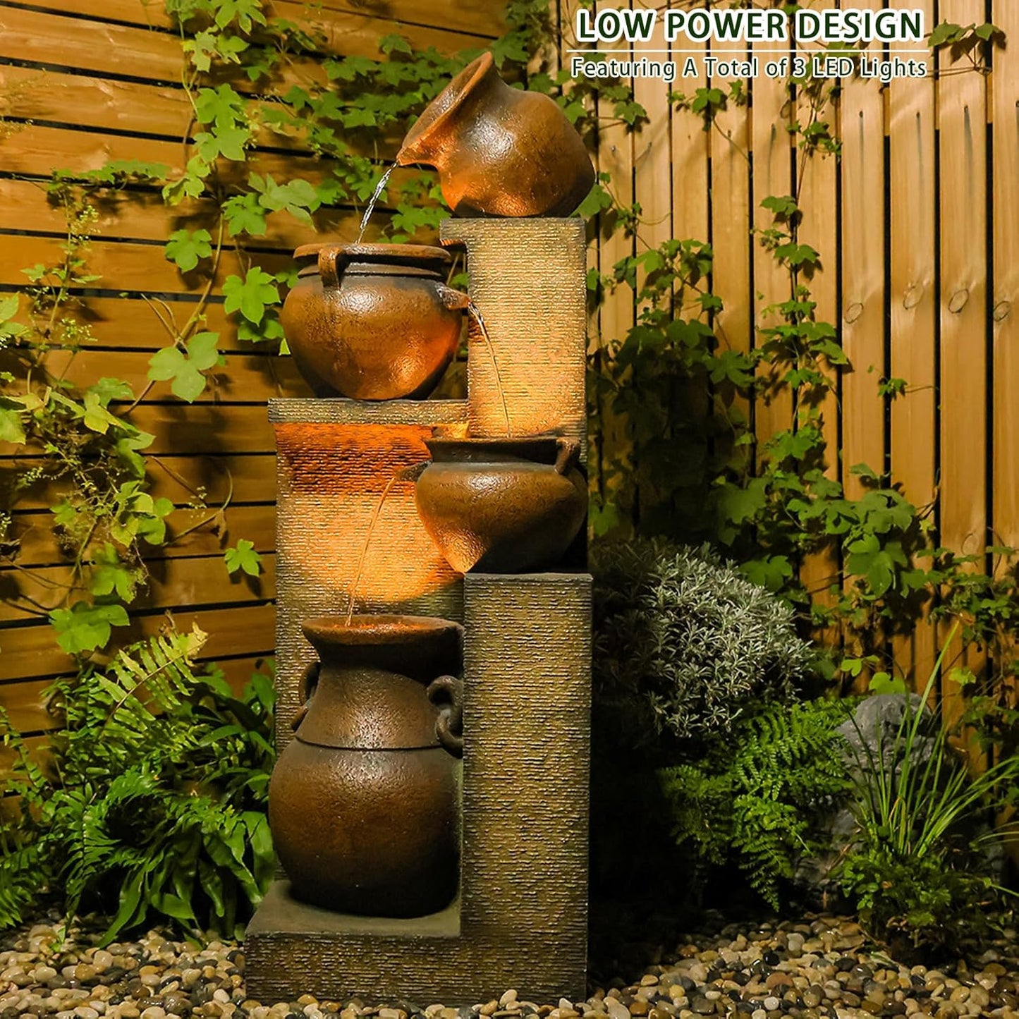 53" H Large Outdoor Water Fountain with Lights - 4 Tiered Cascading Bowls Waterfall Fountain for Garden, Patio, Backyard, Porch Inside - Freestanding Outdoor Water Feature Gold