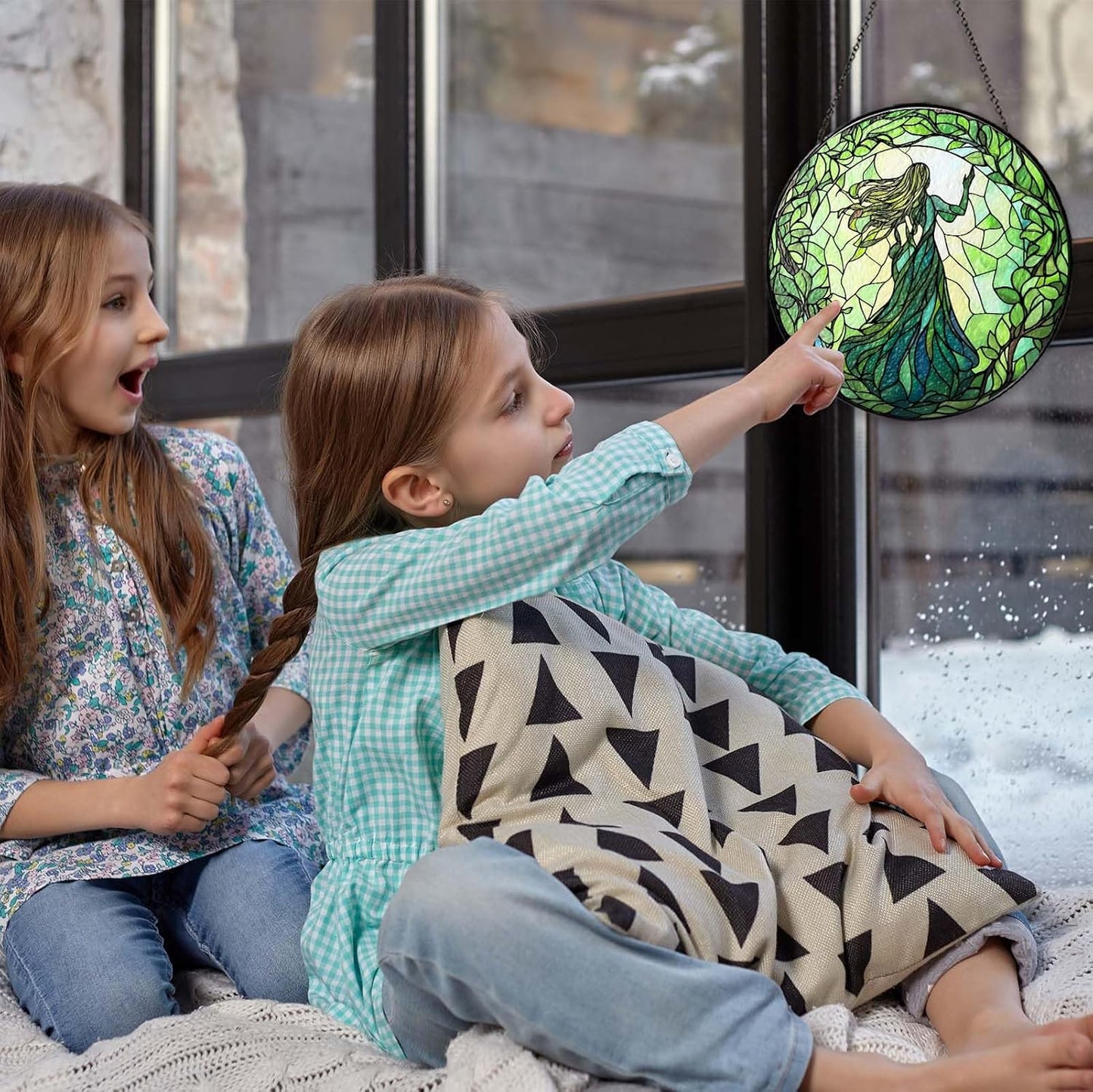 Green Witch Suncatcher Plant Witch Stained Glass Window Hanging Plant Lover Gifts for Women Wall Decor Handmade Sun Catcher Decoration for Garden Home Housewarming Gifts