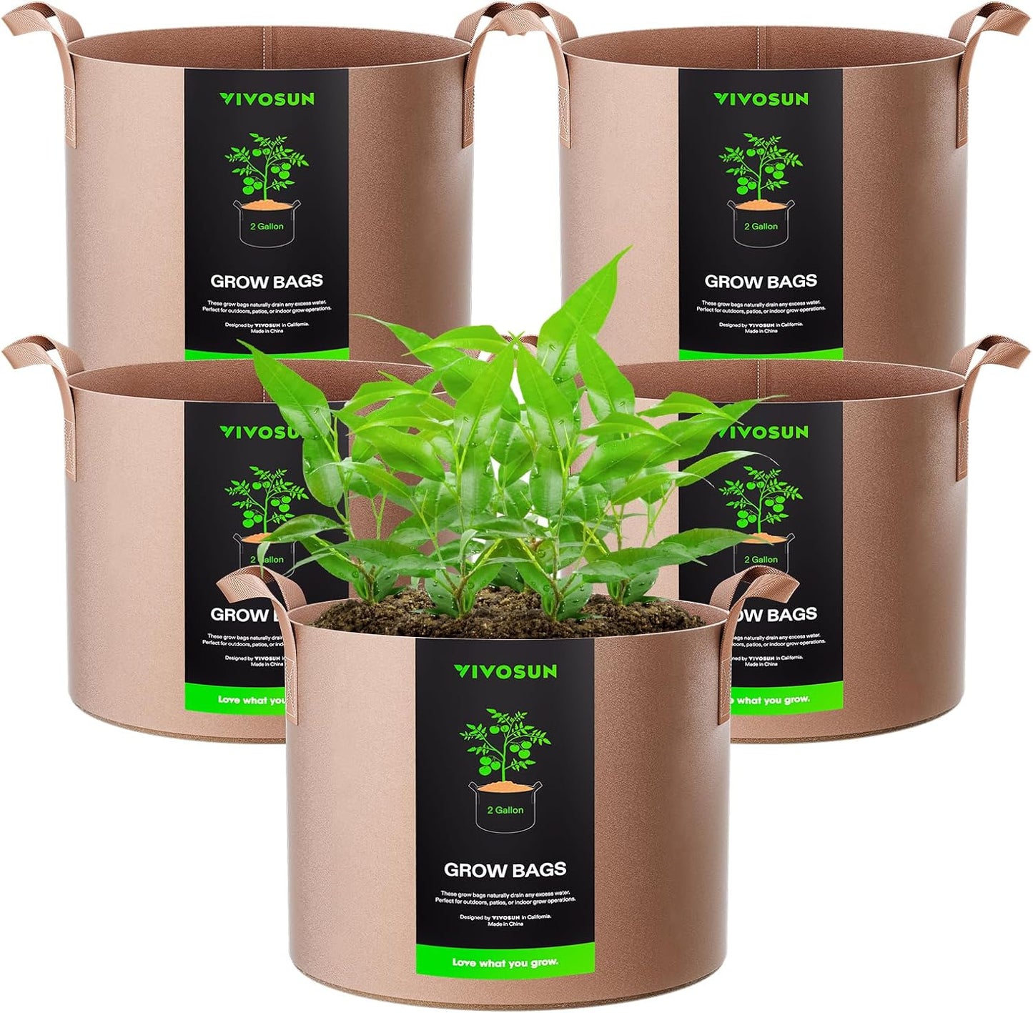 VIVOSUN 5-Pack 2 Gallons Grow Bags Heavy Duty Thickened Nonwoven Fabric Pots with Strap Handles Tan