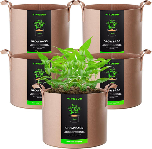 VIVOSUN 5-Pack 2 Gallons Grow Bags Heavy Duty Thickened Nonwoven Fabric Pots with Strap Handles Tan