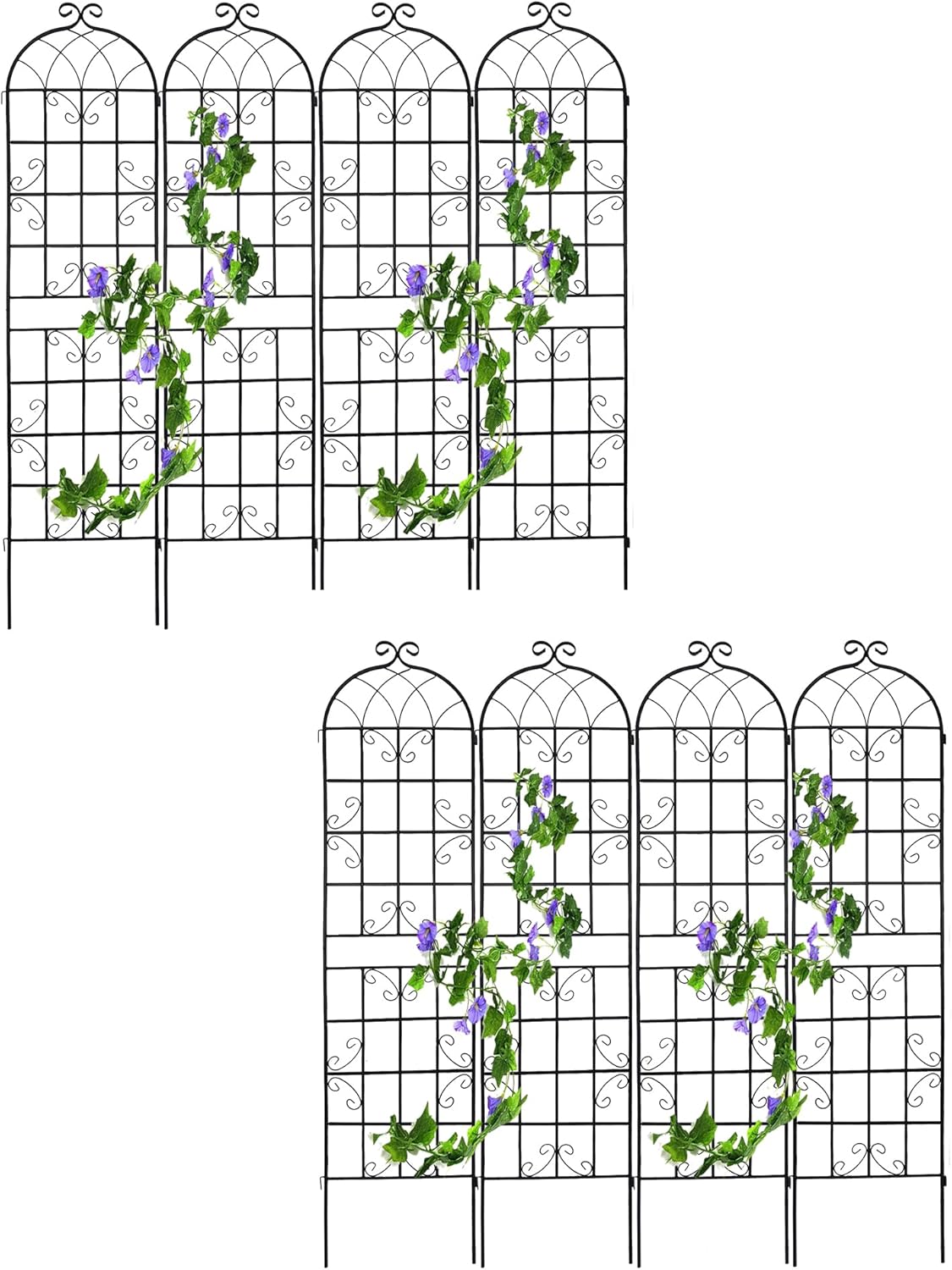 8 Pack Metal Garden Trellis for Climbing Plants, 86.7" Tall Rustproof Outdoor Trellis Panel with Vine Design, Decorative Black Iron Plant Support for Vine, Rose, Flower, Garden Wall