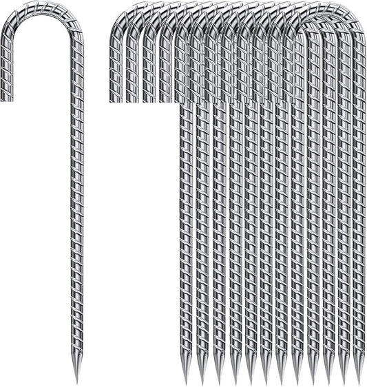 Rebar Stakes 12 Inch, Tent Stakes Heavy Duty Galvanized J Shaped 50 Pack Landscape Fabric Staples for Garden Weed Barrier Fabric Dog Fence Inflatable Camping Tents Artificial Turf