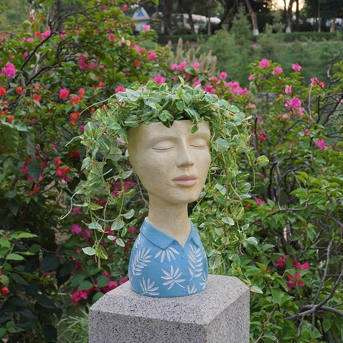 DiliComing Face Planter Pot Head Planter - Unique Planters Resin Male Bust Outdoor Planter Blue Head Planters for Indoor Plants Flower Pot Planter with Face Cute Plant Pots 5 x 6 x 10.5 Inch