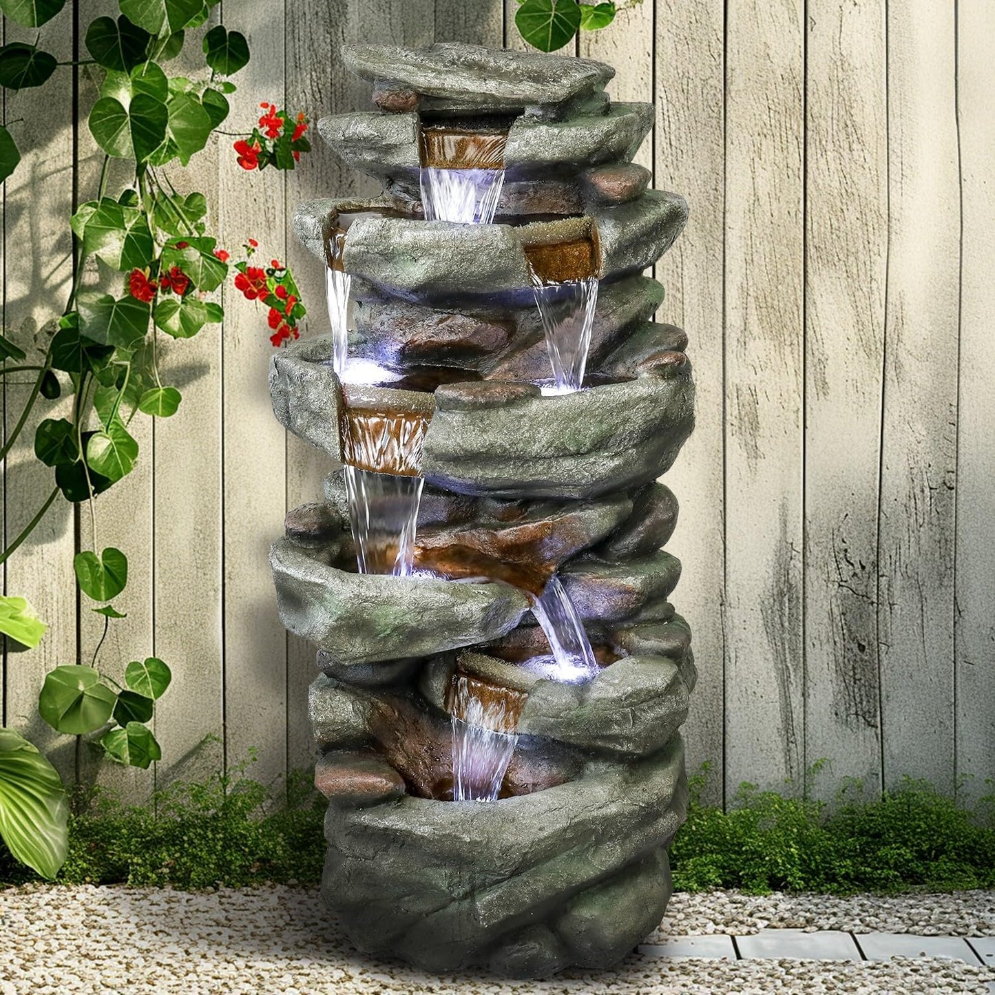 SunJet 40.5” High Rocks Outdoor Water Fountain - 6-Tiers Cascading Waterfall with LED Lights, Soothing Tranquility for Home Garden, Yard Decor