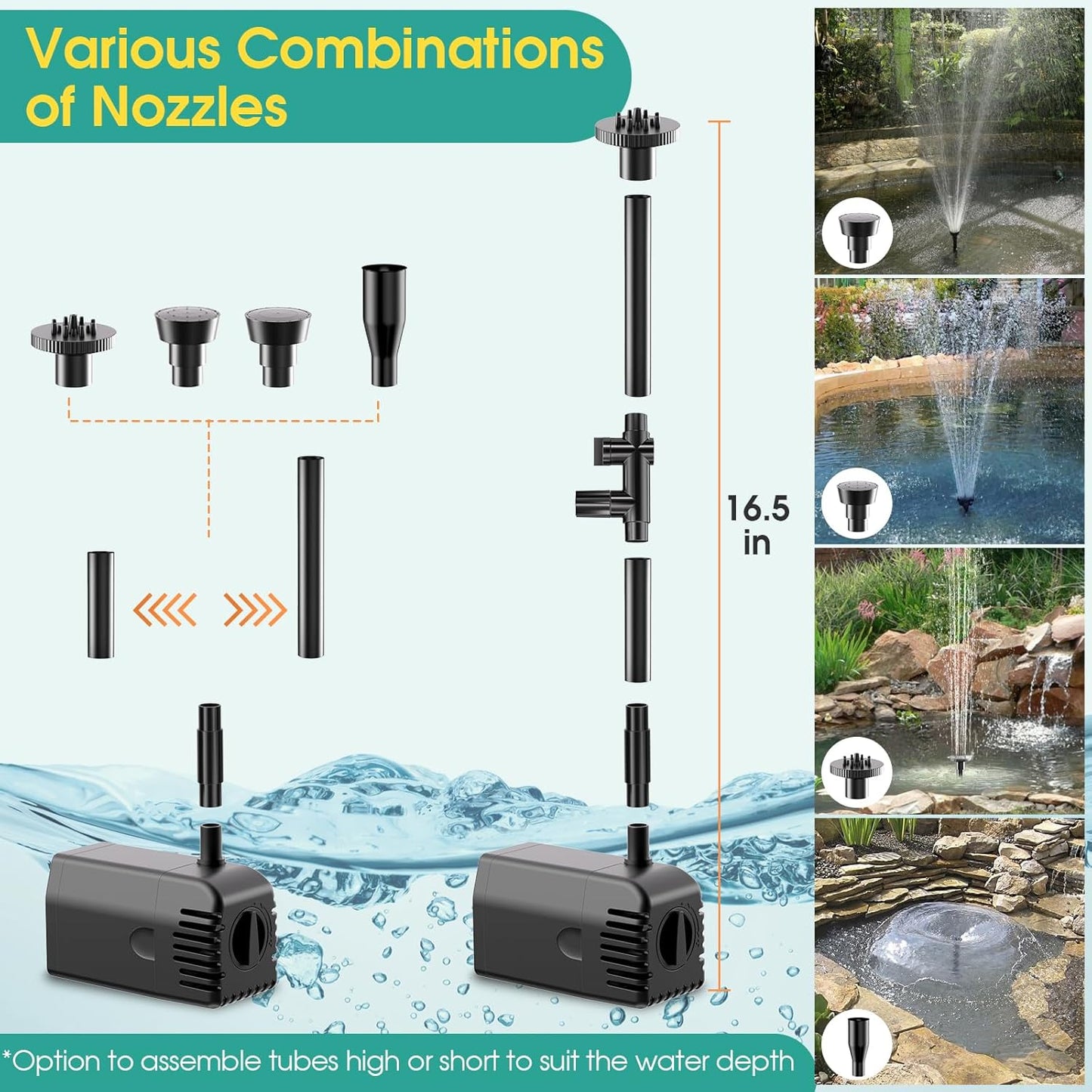 12W Solar Fountain Pump, Solar Powered Water Pump 160GPH Adjustable Flow, Solar Water Fountain Pump with 16.5Ft Cord Length/6.6Ft Tubing for Ponds, Fish Tank, Wildlife Garden, Fountains
